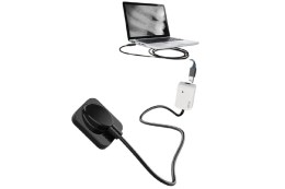 У верхній частині зображено ноутбук з рентгенівським зображенням зубів. Від нього відходить USB-кабель, що веде до головного блоку візіографа. До білого блоку підключений кабель з чорним прямокутним сенсором візіографа.