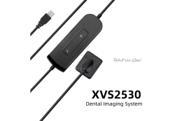 Компоненти пристрою - інтраоральний сенсор, блок керування та USB-кабель - розташовані по діагоналі.