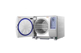 Автоклав TANVO 45 літрів, вид спереду з відкритими дверцятами. На фото детально показана велика циліндрична стерилізаційна камера з металевими полицями для розміщення інструментів. Праворуч розташована панель керування з цифровим дисплеєм та кнопками.