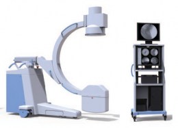 Пересувна рентгенівська система IMAX 112C Vet для ветеринарії. Пристрій складається з С-подібного штативна на колесах та окремої стійки з двома моніторами. Рентгенівська система призначена для хірургічних втручань