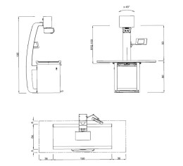 'Технічне креслення рентген-системи 30 Plus Vet з розмірами: висота 195 см, стіл 154*64 см, висота столу 80 см, фокусна відстань 100 см. Креслення габаритів для встановлення у ветеринарній клініці