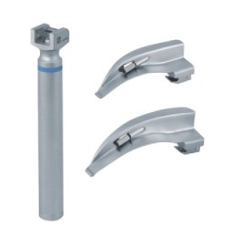 Компоненти ветеринарного стандартного ларингоскопа Macintosh LTI-6004. На фото показано малу рукоятку синього стандарту та два вигнуті клинки Macintosh малих розмірів (№0 та №1). На кожному клинку встановлено лампочку