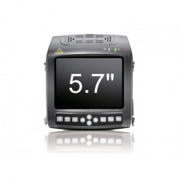 Фронтальний вид портативного ветеринарного УЗД-апарату Kaixin KX5200 Vet. На екрані великими білими цифрами вказано розмір дисплея - 5.7 дюймів. Під ним - панель управління