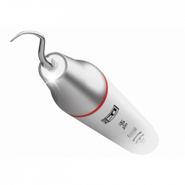 Зображення наконечника Dentix Max Piezo 3 Vet для ультразвукового скалера. Наконечник має циліндричну форму, сріблястий колір та вигнуту робочу частину. Цей знімний наконечник можна стерилізувати при 135 С