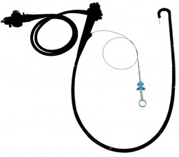 Ветеринарний гнучкий ендоскоп чорного кольору. На фото видно робочу частину, блок управління з маніпуляторами.