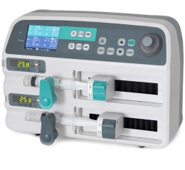 Двоканальний шприцевий насос KL-702, який демонструє панель керування, великий цифровий дисплей з поточними показниками та два незалежні канали з фіксаторами для шприців