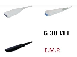 Зображення демонструє три типи ультразвукових датчиків, сумісних зі сканером EMP G30 Vet: лінійний, мікроконвексний та ректальний, що використовуються для різноманітних ветеринарних досліджень