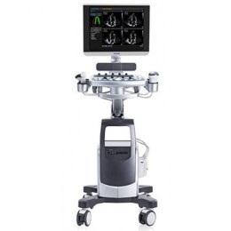 Сучасний стаціонарний ветеринарний ультразвуковий апарат Qbit 7 Vet. Апарат сірого кольору, розташований на мобільній підставці з колесами. У верхній частині знаходиться великий 19-дюймовий екран, на якому видно 4 чорно-білих зображення серця.