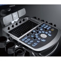 Зображення стаціонарного ультразвукового ветеринарного апарату Chison Qbit 7 Vet. Апарат сріблястого кольору має ергономічний дизайн з чорною клавіатурою з підсвіткою та регульованим монітором. Справа від клавіатури знаходиться панель з регуляторами