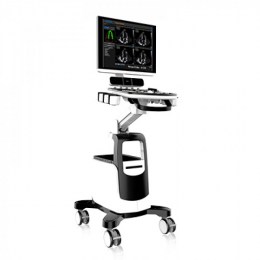 Мобільний ветеринарний УЗД-апарат Chison Qbit 7 Vet на колісній підставці. Апарат сірого кольору з чорними елементами. На моніторі відображаються чотири чорно-білих зображення ультразвукового сканування, а також графіки та діаграми.