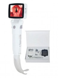 Ларингоскоп білий, ергономічної форми, з інтегрованим дисплеєм у верхній частині, на якому відображається крупний план гортані.