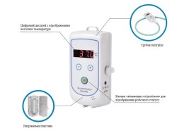 Схема елементів апарату для підігріву інфузій: цифровий дисплей, кнопка увімкнення, нагрівальна пластина та кнопка підігріву