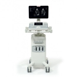 Фото стаціонарного ультразвукового апарату MyLab x5 Vet. На знімку показано білий мобільний сканер на колесах з екраном, де видно два чорно-білі зображення УЗД, та панеллю керування. Апарат призначений для діагностики у ветеринарній медицині