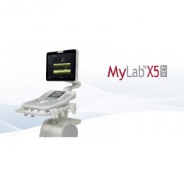 Рекламний знімок УЗД-апарату MyLab x5 Vet, розташованого зліва. Праворуч на білому фоні видно великий логотип моделі. На екрані пристрою відображається ультразвукове зображення