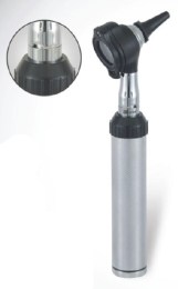 Ветеринарний діагностичний отоскоп LTI-301 у зібраному вигляді. Зліва у збільшеному вигляді показано реостат на голівці приладу для регулювання яскравості світла