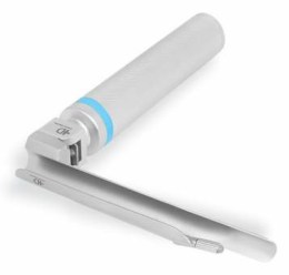 Основні компоненти стадартного ветеринарного ларингоскопа Miller. На фото зображено рукоятку синього стандарту та приєднаний клинок типу Miller